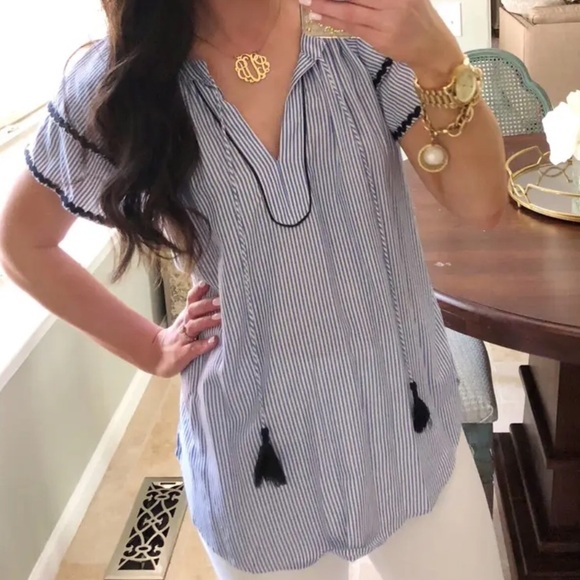 Ann Taylor LOFT Blue & White Stripe Layered Cuff Tassel Top XS - Picture 1 of 7